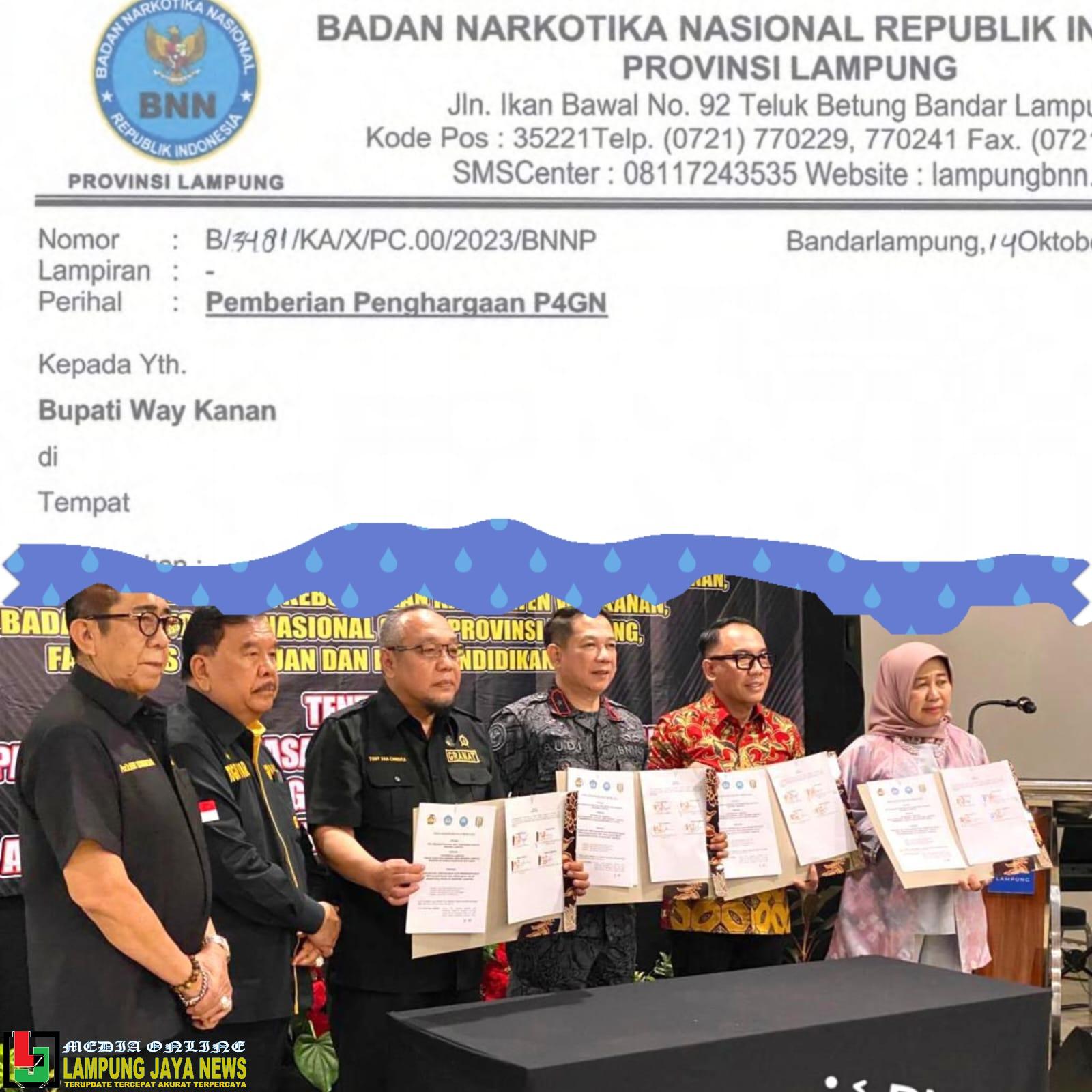Pertama di Indonesia,  Hi.Raden Adipati Surya, SH., MM Bupati Way Kanan dan DPD GRANAT Lampung Akan Terima Penghargaan Dari Ketua BNN RI