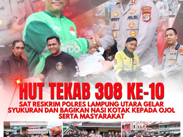 Hut Tekab 308 ke-10, Sat Reskrim Polres Lampung Utara Gelar Syukuran dan Bagikan Nasi Kotak Kepada Ojol serta Masyarakat