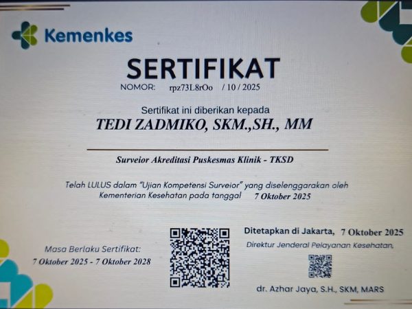 Ketua Barakuda Krui Tedi Zadmiko Resmi Peroleh Sertifikat Surveyor Akreditasi dari Kementerian Kesehatan RI