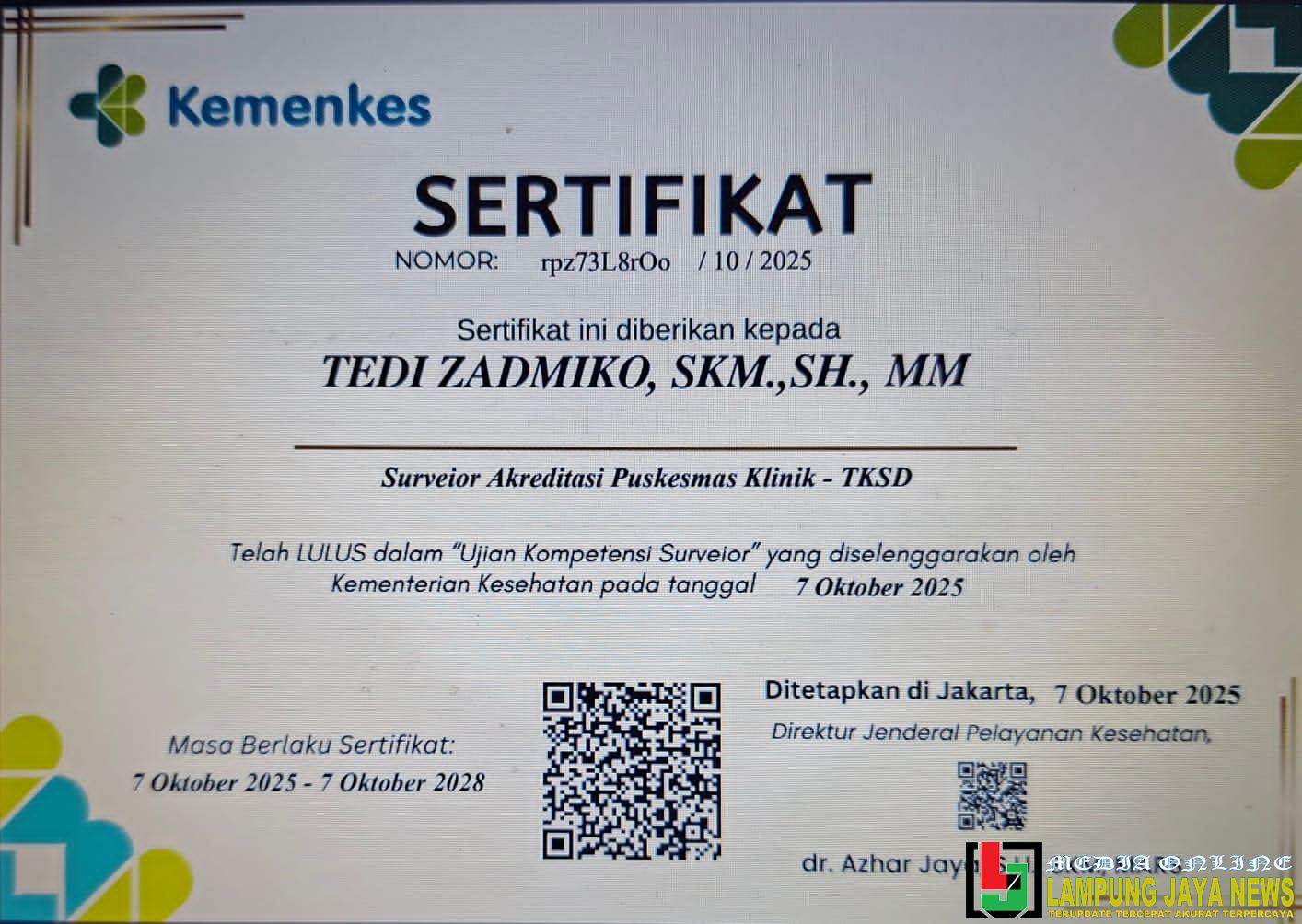 Ketua Barakuda Krui Tedi Zadmiko Resmi Peroleh Sertifikat Surveyor Akreditasi dari Kementerian Kesehatan RI Ketua Barakuda Krui Tedi Zadmiko Resmi Peroleh Sertifikat Surveyor Akreditasi dari Kementerian Kesehatan RI