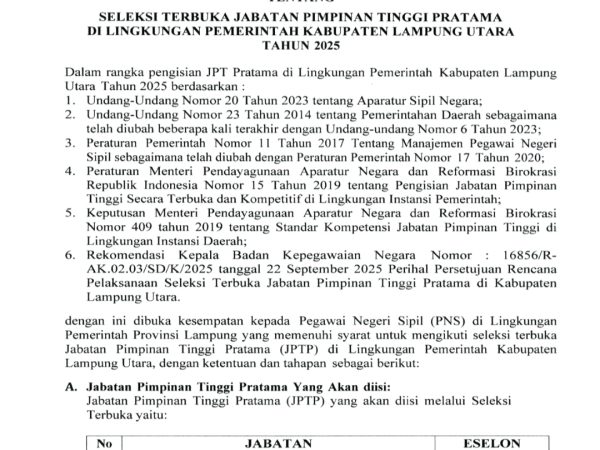 Pemkab Lampung Utara Buka Seleksi Terbuka Untuk Jabatan Sekda dan Tiga Kepala Badan Pemkab Lampung Utara Buka Seleksi Terbuka Untuk Jabatan Sekda dan Tiga Kepala Badan
