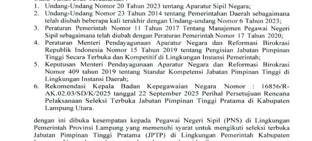 Pemkab Lampung Utara Buka Seleksi Terbuka Untuk Jabatan Sekda dan Tiga Kepala Badan