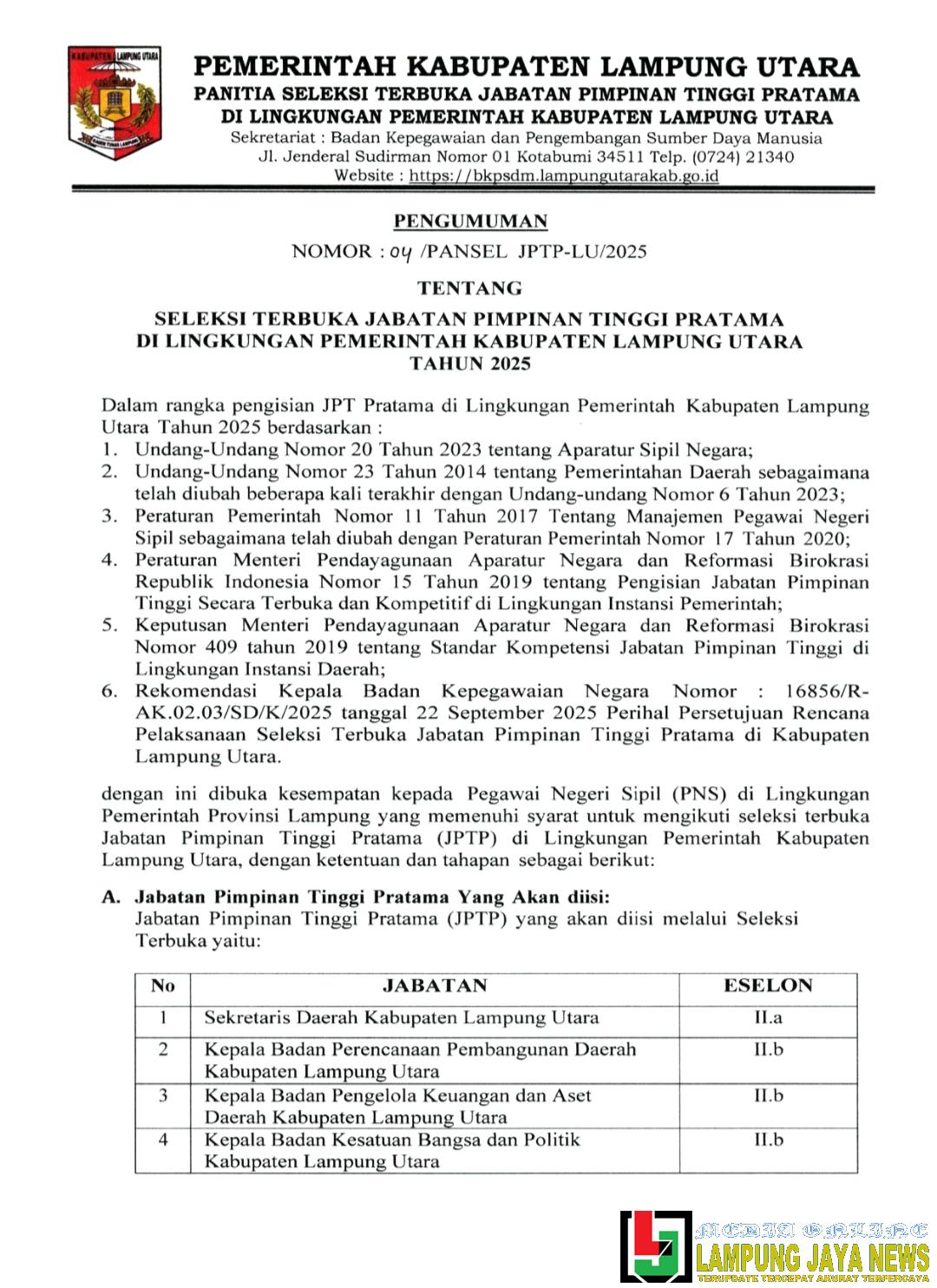 Pemkab Lampung Utara Buka Seleksi Terbuka Untuk Jabatan Sekda dan Tiga Kepala Badan
