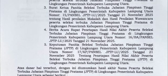 Selter JPTP Lampung Utara Selesai, Desyadi Muncul Sebagai Peringkat Pertama Posisi Jabatan Sekda